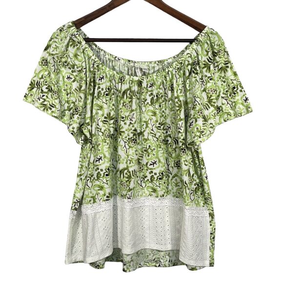 Cato Off -Shoulder Top Women Size L Green Pattern Short Sleeve Eyelet Summer - Picture 1 of 12